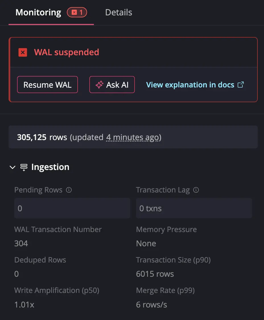 Table Details Monitoring tab